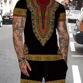 Мужской комплект одежды с цифровым принтом в этническом стиле в стиле ретро, состоящий из 2 предметов, мужская футболка с коротким рукавом и шорты на шнурке, летние каникулы S