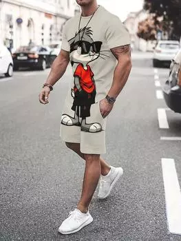 Мужской комплект повседневной одежды, серый и белый, полиэстер, машинная стирка, круглый вырез, напечатанный, повседневный комплект S