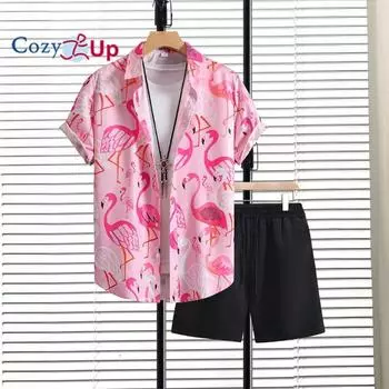 Мужской комплект рубашек Рубашка с цветочным принтом фламинго Графические принты Отложная уличная повседневная одежда с короткими рукавами и принтом Одежда Тропическая мода Гавайский дизайнер S розовый