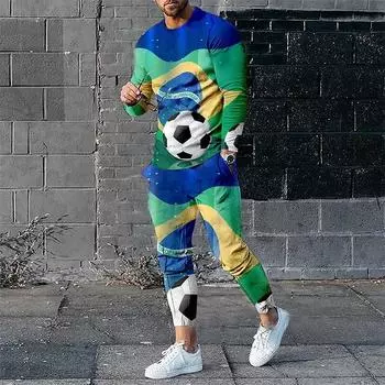 Мужской комплект с длинными рукавами, напечатанный на 3D-принтере, спортивная одежда с флагами Бразилии/Франции/Испании, брюки с длинными рукавами, комплект из 2 предметов, мужская спортивная одежда S