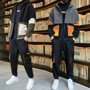 Мужской комплект с капюшоном, повседневная куртка и брюки из овечьей шерсти, комплект из двух предметов, утепленный, мужской модный комплект из флиса M