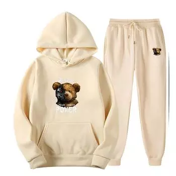 Мужской комплект с капюшоном Robot Bear Fashion Design Print, весна-осень, чистый хлопок, свободная толстовка с длинным рукавом + свободные повседневные спортивные штаны S