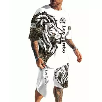 Мужской комплект с короткими рукавами и шортами с принтом льва, летняя дышащая футболка с круглым вырезом, уличный комплект из двух предметов, мужская одежда S