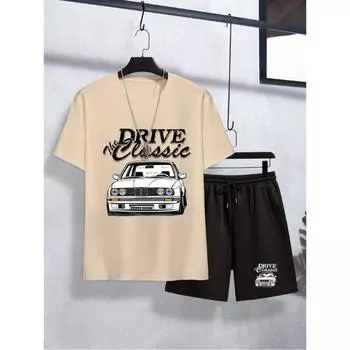 Мужской комплект с короткими рукавами Модный повседневный комплект с принтом автомобиля BMW, уличный тренд, комплект из шорт с круглым вырезом и короткими рукавами Мужской комплект из двух предметов XS