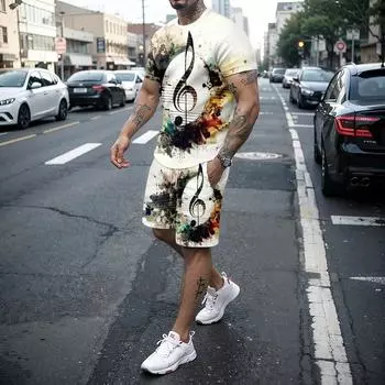 Мужской комплект с нотами инструментов, футболка с короткими рукавами и шортами с 3D-принтом, спортивная рубашка с круглым вырезом, повседневная вечеринка, социальная новинка, комплект из 2 предметов 4XL