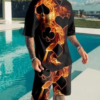 Мужской комплект с винтажным принтом, костюм Harajuku 3D, роскошный мужской комплект из 2 предметов, свободная толстовка с круглым вырезом, футболка, пляжные шорты, наряды, мужская одежда S