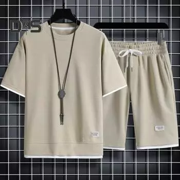 Мужской комплект спортивной одежды из 2 шт./компл., футболка с коротким рукавом и эластичной резинкой на талии, шорты с широкими штанинами, комплект из двух частей, спортивный костюм с вафельной текстурой 2XL чёрный