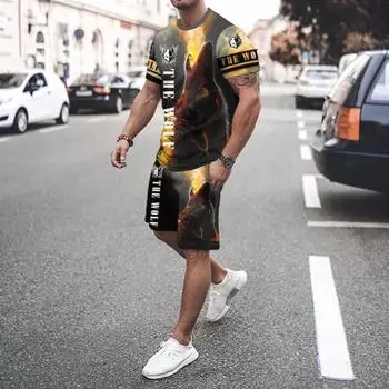 Мужской комплект спортивной одежды с 3D принтом зверя и круглым вырезом, летняя футболка, шорты, комплект из 2 предметов, большой пуловер, модная одежда L