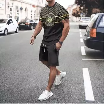 Мужской комплект спортивной одежды с круглым вырезом в стиле ретро с 3D принтом, летняя футболка, шорты, комплект из 2 предметов, большой пуловер, модная мужская одежда S