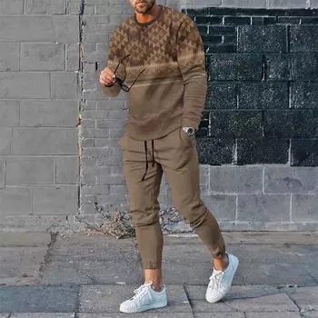 Мужской комплект свитшотов с принтом Футболка с длинным рукавом Брюки Костюмы Топы с круглым вырезом Спортивные штаны Спортивная одежда Мужские спортивные костюмы Комплекты Мужская одежда S