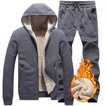 Мужской комплект, теплая толстая куртка с капюшоном, брюки, комплекты из 2 предметов, мужские кашемировые толстовки с капюшоном из ягненка, спортивный костюм на молнии, мужской спортивный костюм 3XL чёрный