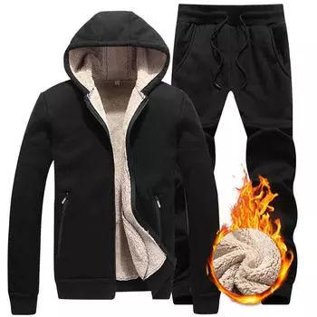 Мужской комплект, теплая толстая куртка с капюшоном, брюки, комплекты из 2 предметов, мужские кашемировые толстовки с капюшоном из ягненка, спортивный костюм на молнии, мужской спортивный костюм L серый