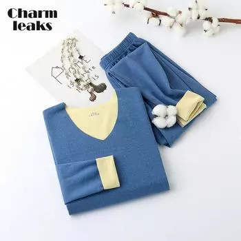 Мужской комплект термобелья Charmleaks, двусторонние брюки с длинными рукавами и v-образным вырезом, мягкие однотонные брюки с эластичной резинкой на талии, L-4XL