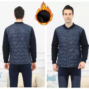 Мужской комплект термобелья из пуха, зимний мужской кардиган плюс утолщенный бархат, осенняя одежда, длинные брюки для пожилых людей L темно-синий