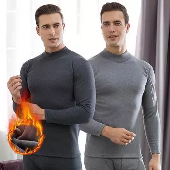 Мужской комплект термобелья Plus Velvet Thickened для людей среднего и пожилого возраста - осенний топ и брюки с высоким воротником M чёрный