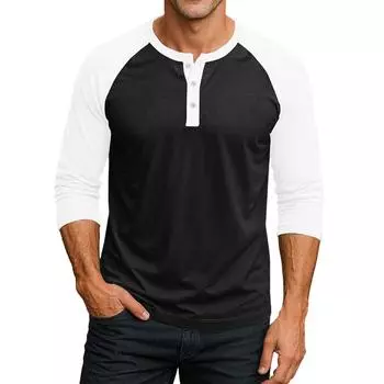 Мужской контрастный топ реглан на пуговицах с рукавом 3/4 L чёрный
