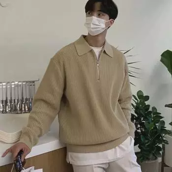 Мужской корейский стиль модный свитер с длинным рукавом на молнии с лацканами 2XL чёрный