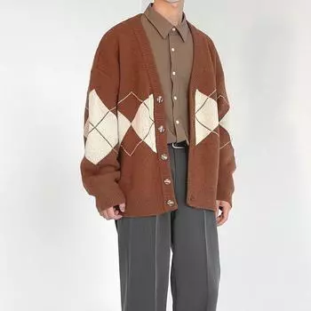 Мужской коричневый вязаный свитер Y2K, кардиган, зимняя блузка в стиле ретро, верхняя одежда, трикотаж, корейская осенняя одежда, мужская S коричневый