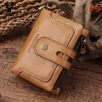 Мужской короткий кошелек из первого слоя коровьей кожи с двумя молниями, кошелек для мелочи из натуральной кожи чёрный