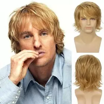 Мужской короткий вьющийся парик с челкой, пушистые, естественно выглядящие, из высокотемпературного волокна, мужские черные, коричневые, золотистые синтетические волосы темно-коричневого