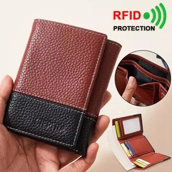 Мужской кошелек из натуральной кожи, короткие кошельки из воловьей кожи тройного сложения с идентификационным окном, RFID-блокировка, многофункциональные сумки для денег, подарок для него чёрный/синий