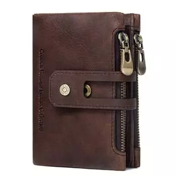 Мужской кошелек из натуральной кожи. Кошелек с блокировкой RFID для мужчин. 14 слотов для карт, 1 окошко для удостоверения личности, 2 отделения на молнии, застежка на пуговицы. (коричневый)