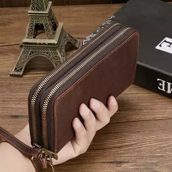 Мужской кошелек из натуральной кожи, ретро-клатч, многофункциональная сумка для мобильного телефона на молнии, длинный кожаный кошелек Crazy Horse 10*4.5*20cm коричневый