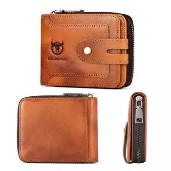 Мужской кошелек из натуральной кожи с блокировкой RFID, с коротким дизайном на молнии, отделениями для карт и зажимом для денег чёрный