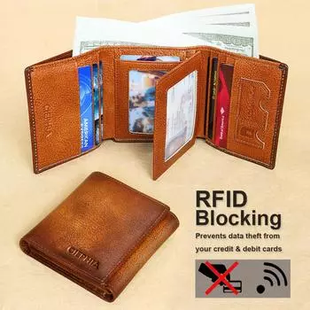 Мужской кошелек из натуральной кожи в сложенном виде, ID Windows, RFID-блокировка, винтажный многофункциональный ID, кредитная карта, сумки для денег S коричневый