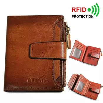 Мужской кошелек из натуральной кожи, винтажный короткий многофункциональный держатель для визитных карточек, RFID-блокировка, молния, карман для монет, зажим для денег коричневый