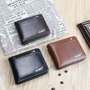 Мужской кошелек на молнии из вощеной кожи европейского и американского производства — короткий, большой емкости, деловой стиль