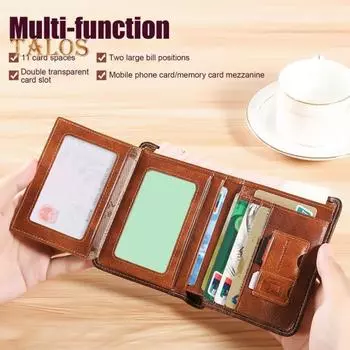 Мужской кошелек с блокировкой RFID, 3 в 1, искусственная кожа, 9 отделений для карт, 2 окошка для удостоверения личности, 2 отделения для наличных, короткий ретро-держатель для кредитных карт для путешествий, работы, вечеринок коричневый