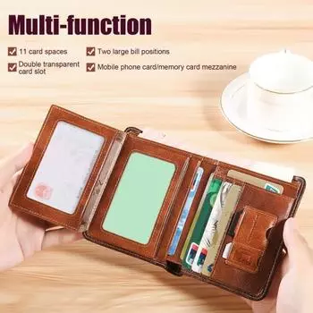 Мужской кошелек с блокировкой RFID, 3 в 1, искусственная кожа, 9 отделений для карт, 2 удостоверения личности коричневый