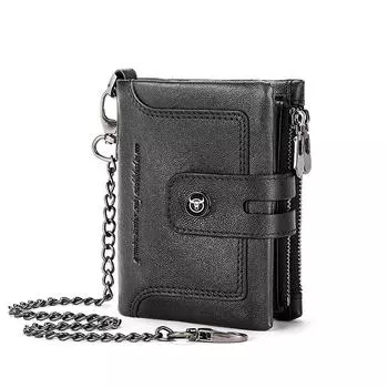 Мужской кошелек с цепочкой, двойной кошелек из натуральной кожи, многофункциональный противоугонный кошелек с несколькими картами чёрный