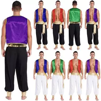 Мужской костюм арабского принца, плетеный жилет, лоскутные брюки с эластичной талией, карнавальный косплей M темно-фиолетового/чёрный