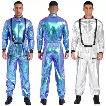 Мужской костюм астронавта металлический комбинезон на молнии спереди Хэллоуин косплей S серебряный