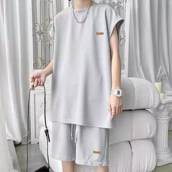 Мужской костюм без рукавов с футболкой, мужской летний новый модный брендовый жилет, спортивный повседневный свободный костюм, мужской модный M