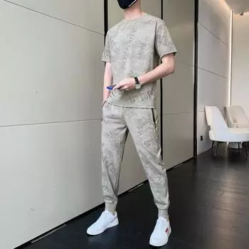 Мужской костюм больших размеров, летний, из двух частей, из дышащего шелка, свободный, повседневный, с короткими рукавами и леггинсами, костюм из двух частей XXXXXL белый