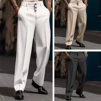 Мужской костюм Брюки Прямые свободные однотонные мягкие карманы со средней талией и застежкой на пуговицы Формальный деловой стиль Мужские длинные офисные брюки 3XL белый