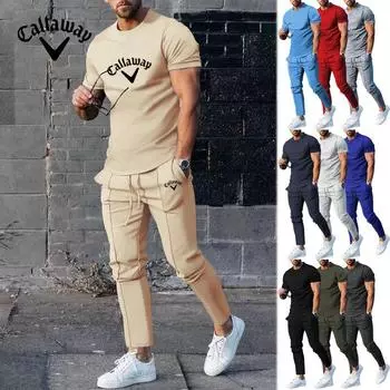 Мужской костюм Callaway с принтом 2025 года, весна/лето, комплект из двух предметов, футболка с короткими рукавами, повседневный и модный мужской комплект с брюками M чёрный