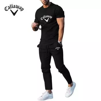 Мужской костюм Callaway с принтом 2025 года, весна/лето, комплект из двух предметов, футболка с короткими рукавами, повседневный и модный мужской комплект с брюками M чёрный