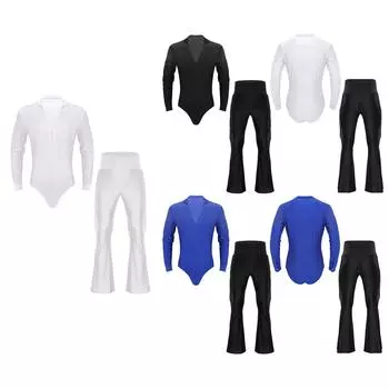 Мужской костюм для латинских танцев с V-образным вырезом, воротником-стойкой, стразами, трико с кисточками, расклешенные брюки для бальных танцев M чёрный/белый