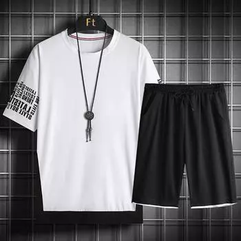 Мужской костюм для спорта и отдыха, футболка с короткими рукавами, трендовая верхняя одежда с половиной рукавов, летняя одежда для мужчин XXXXL белый