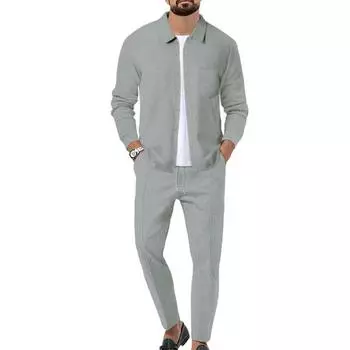 Мужской костюм-двойка, повседневная рубашка с длинным рукавом с вафельным узором, брюки на шнурке, весенне-осенний наряд для офиса M серый