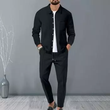 Мужской костюм-двойка, повседневная рубашка с длинным рукавом с вафельным узором, брюки на шнурке, весенне-осенний наряд для офиса M хаки