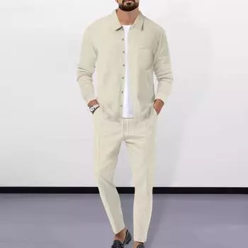 Мужской костюм-двойка, повседневная рубашка с вафельным узором и длинным рукавом, брюки на шнурке, весна-осень, офисный уличный стиль, повседневная одежда M хаки
