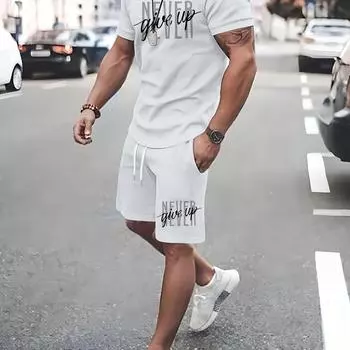Мужской костюм-двойка с 3D-печатными буквами Never Give Up, летний повседневный костюм из круглой горловины с короткими рукавами и шортами на шнурке в спортивном стиле S