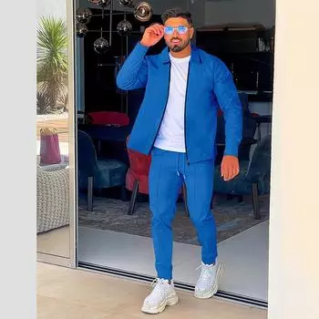 Мужской костюм европейского и американского типа, мужская вафельная куртка с длинными рукавами на молнии, повседневный мужской комплект из двух предметов S белый