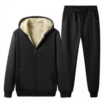 Мужской костюм, флисовый свитер с капюшоном из ягненка, теплый комплект из двух частей для занятий спортом на отдыхе XXXXXL чёрный