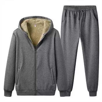 Мужской костюм, флисовый свитер с капюшоном из ягненка, теплый комплект из двух частей для занятий спортом на отдыхе S чёрный